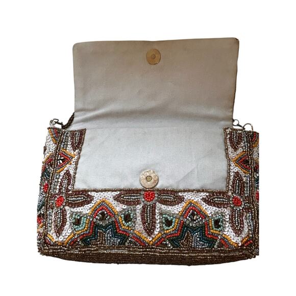 Antik Kraft Bohemian Southwest Beaded Fringe Clutch Handbag Purse With Chain - Picture 4 of 7